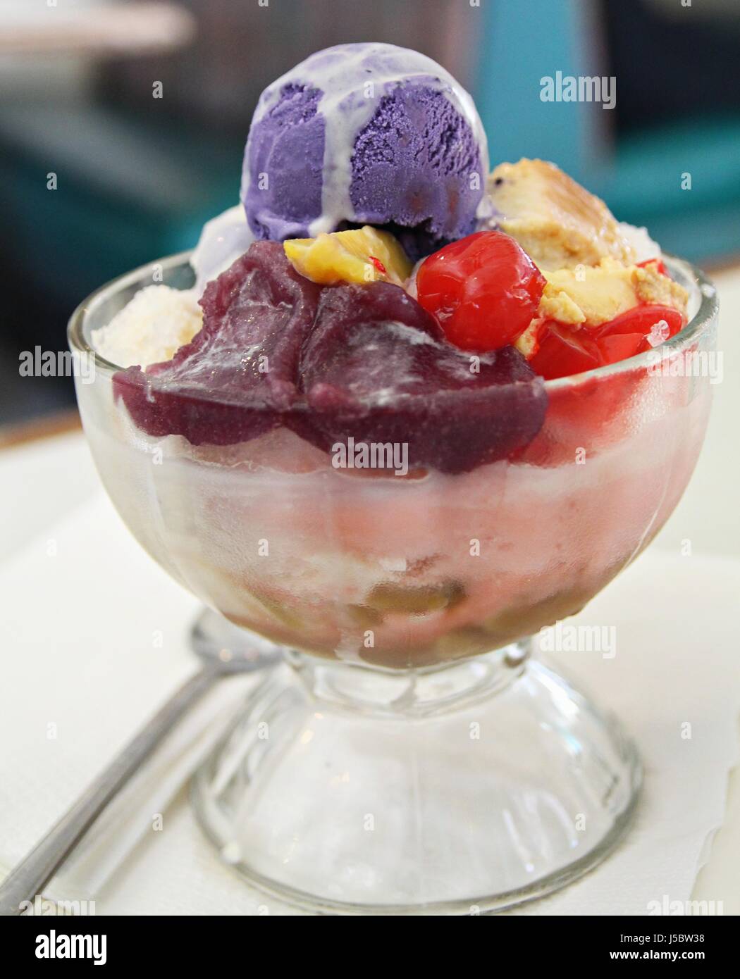 Halo-halo dessert Halo-halo is a famous traditional Philippine dessert of fruit and other ingredients like sago, gulaman, tubers and mixed with evapor Stock Photo