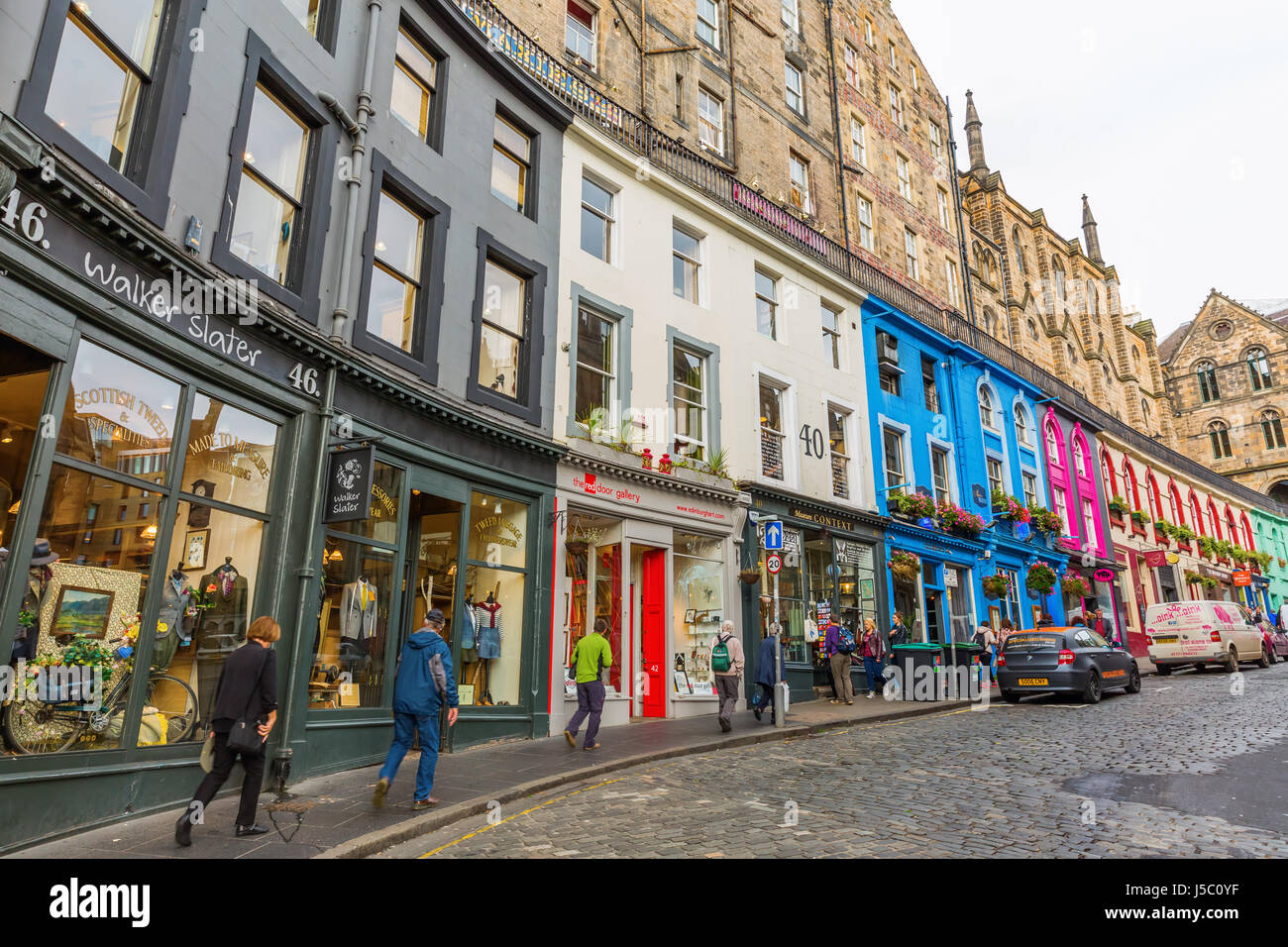 Edinburgh, Scotland, UK - September 12, 2106: Victoria Street in the Old Town with unidentified people. The old town with many Reformation-era buildin Stock Photo