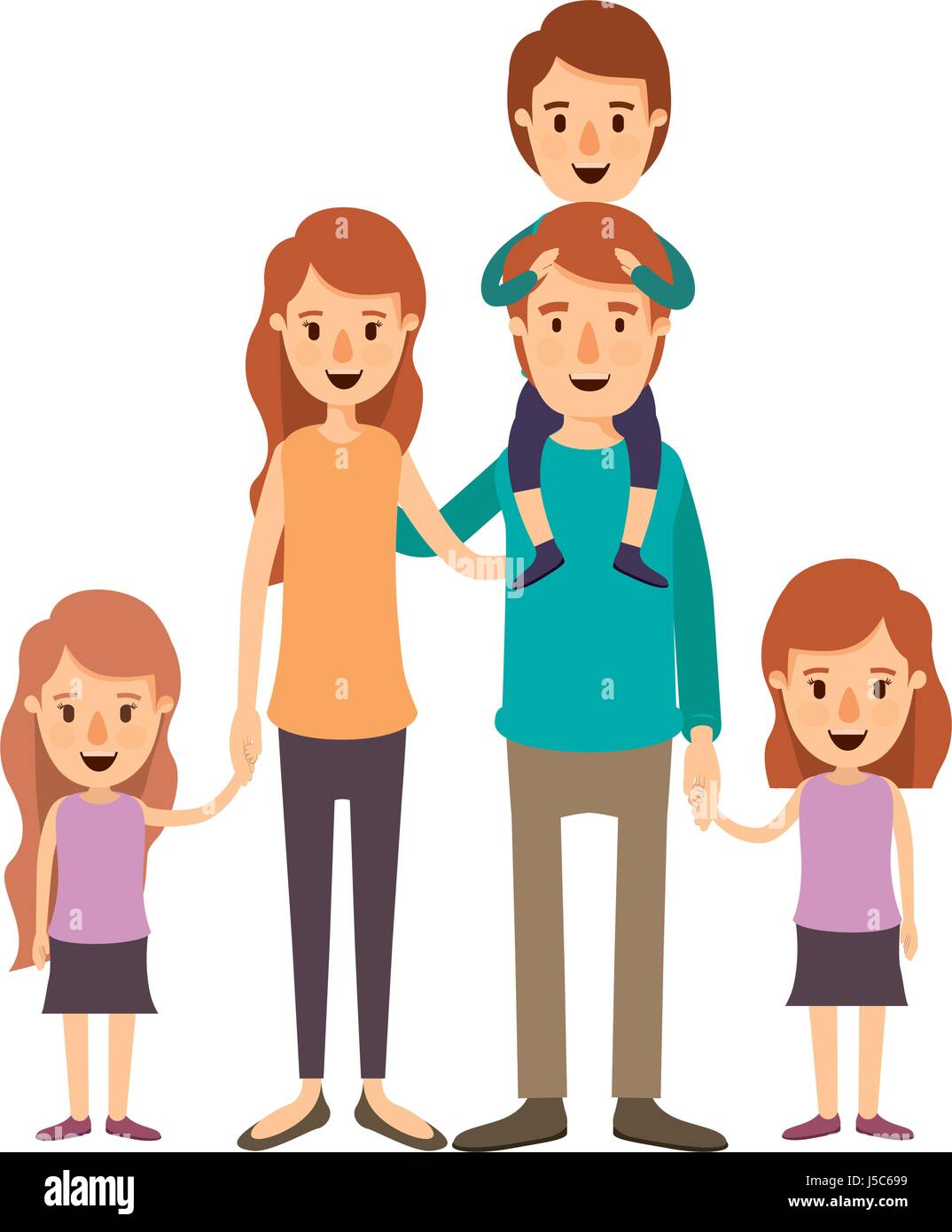 colorful image caricature big family parents with boy on his back and ...