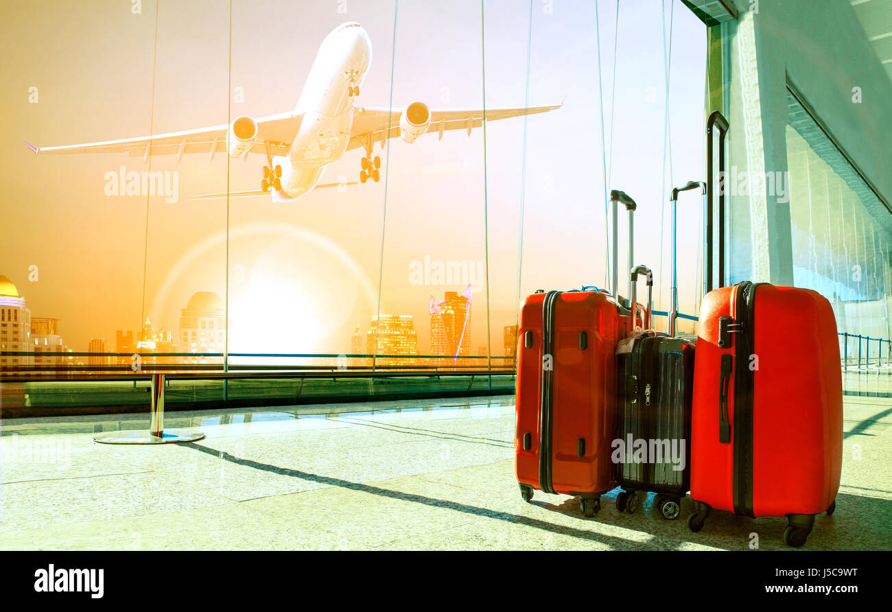 stack of traveling luggage in airport terminal building and passenger ...