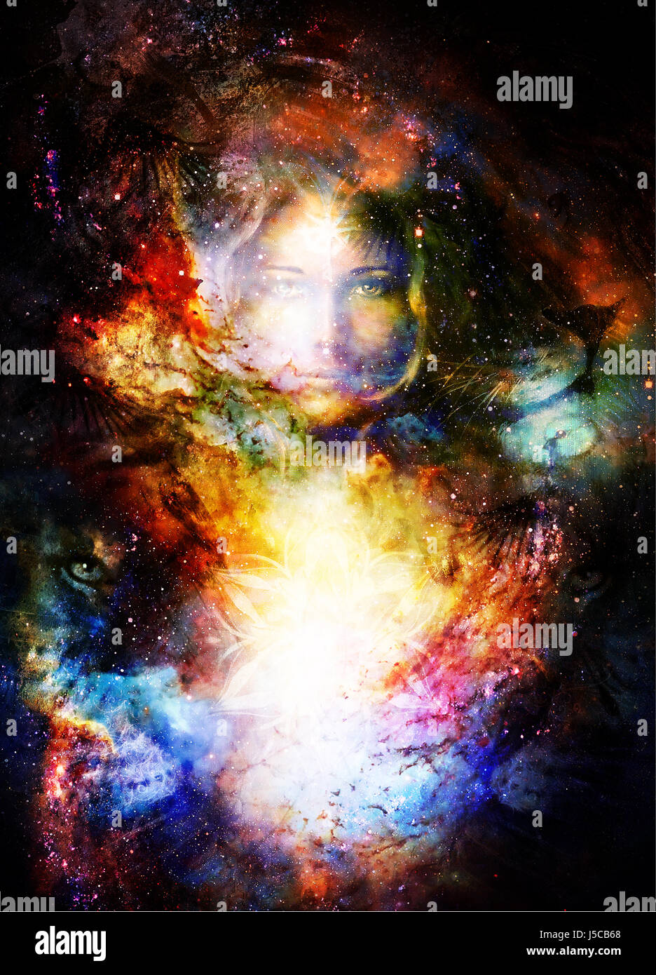 Goodnes Woman And Lion And Light Mandala Cosmic Space Background Stock Photo Alamy