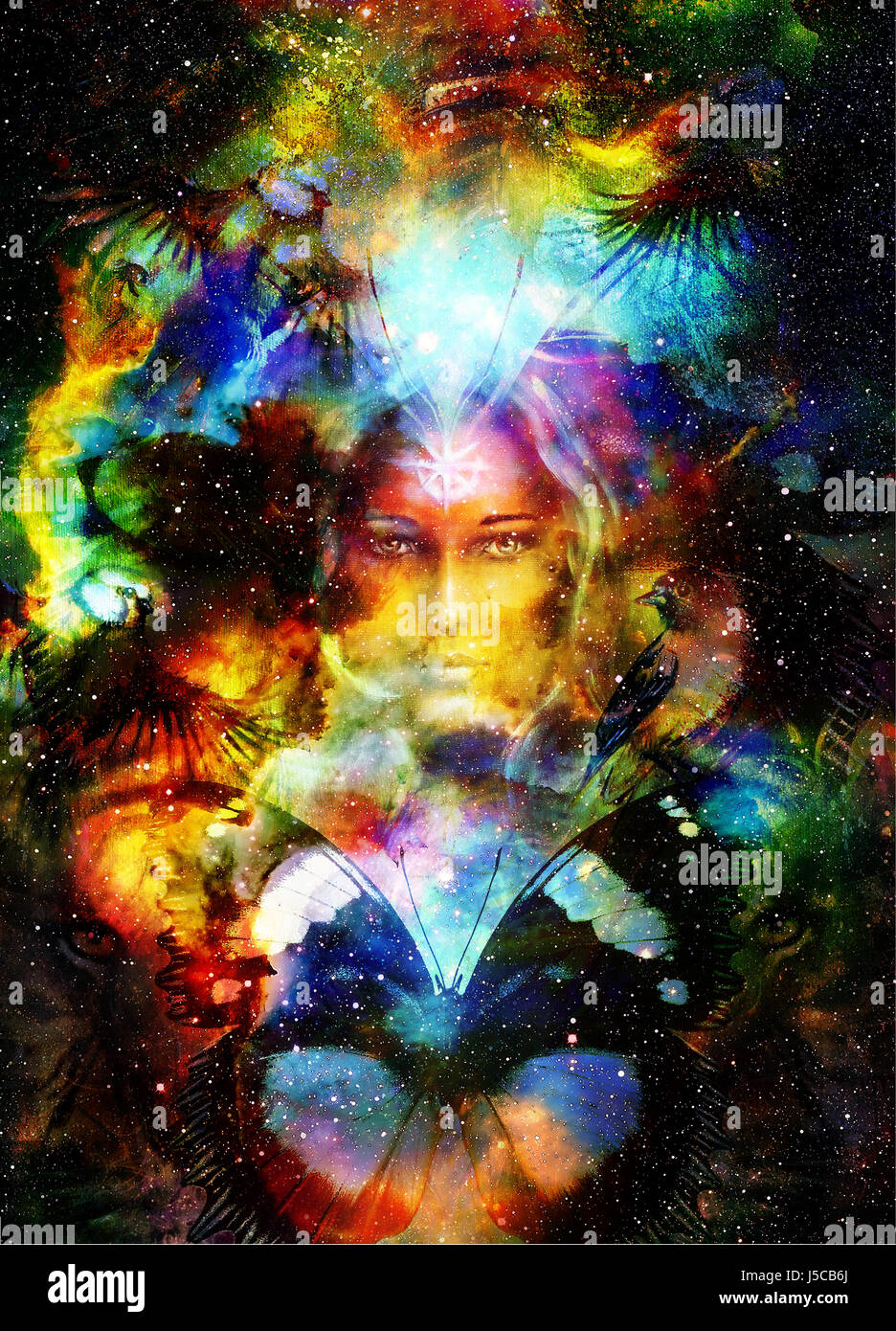Goddess Woman and butterfly and bird in Cosmic space. Cosmic Space ...