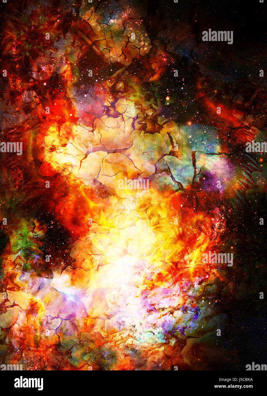 Cosmic space and stars, color cosmic abstract background. Crackle and fire effect Stock Photo