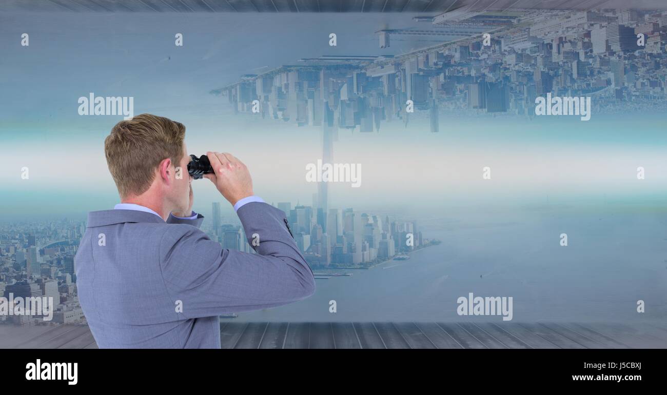 Digital composite of Businessman using binoculars to see upside down