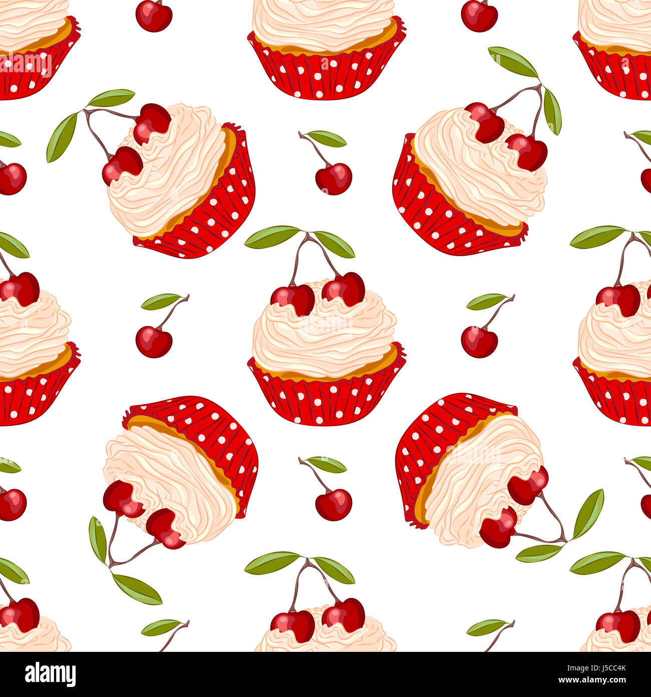 Cupcake with fresh cherry in red holder seamless pattern.  Sweet dessert for wrapper or textile. Stock Photo