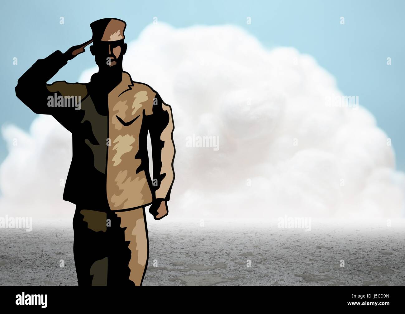 Digital composite of Cartoon soldier saluting against cloud and ground