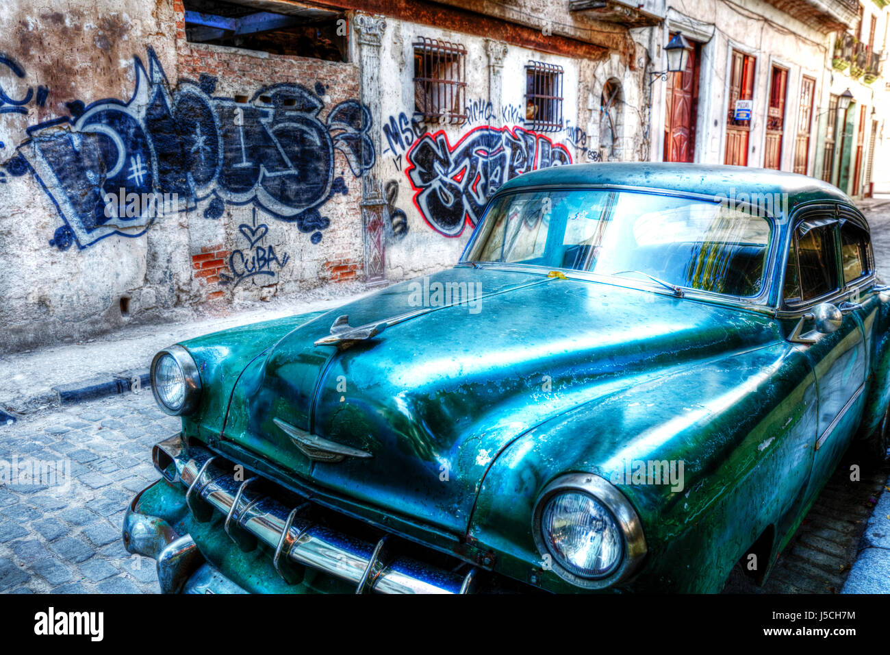 Old American car in Cuba, Cuban car, typical cuban car Cuban vehicle, automobile in Cuba, Car Cuba, Cuban Car, Havana car, parked, typical, blue Stock Photo