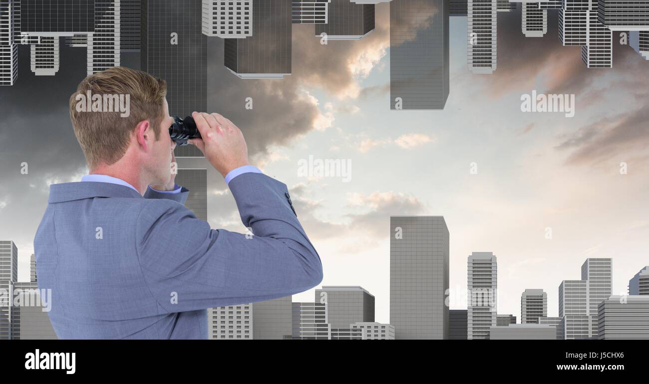 Digital composite of Businessman looking at upside down city through