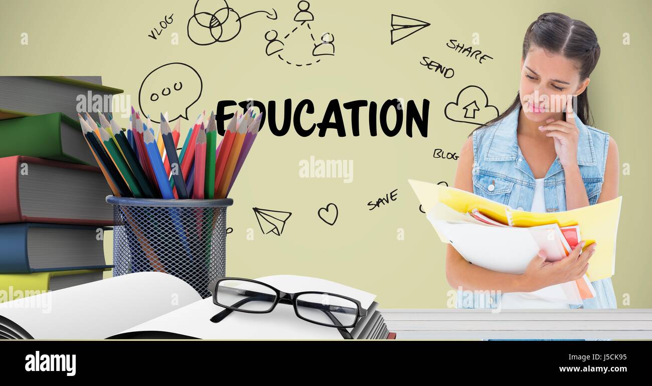 Digital composite of Student reading book at table against graphics