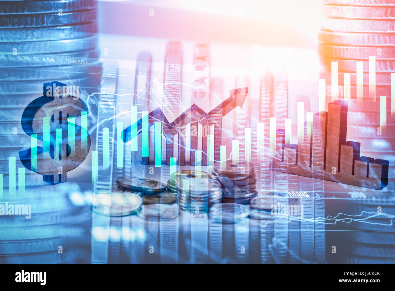 Double exposure business props on stock financial growth. Economy return earning concept. Stock market financial on LED. Stock market financial overvi Stock Photo