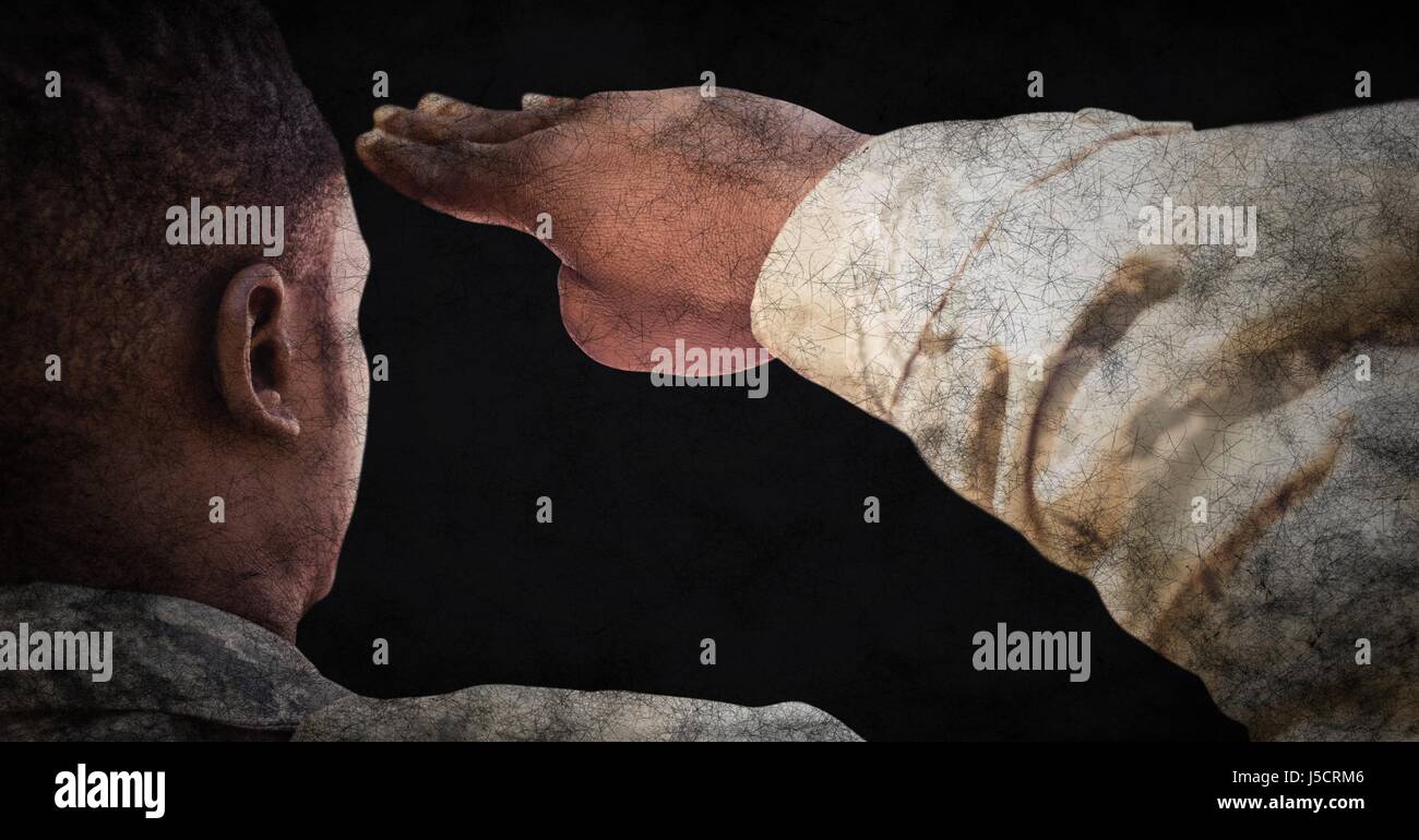 Digital composite of Back of soldier saluting against black background ...