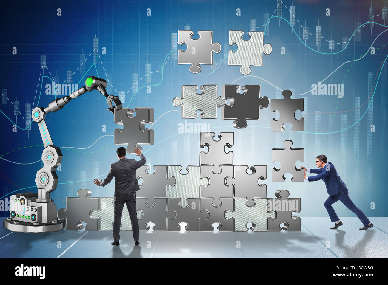 Businessman doing jigsaw puzzle with robotic arm Stock Photo - Alamy