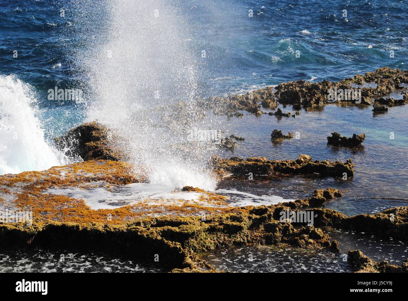 Spray of seawater through the blow hole ,Tinian, Northern Mariana Islands Stock Photo