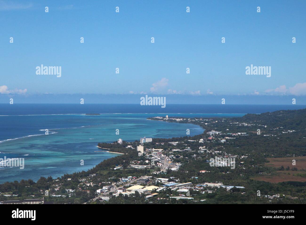 Aerial view of Saipan coast from San Antonio village to Garapan. Stock Photo