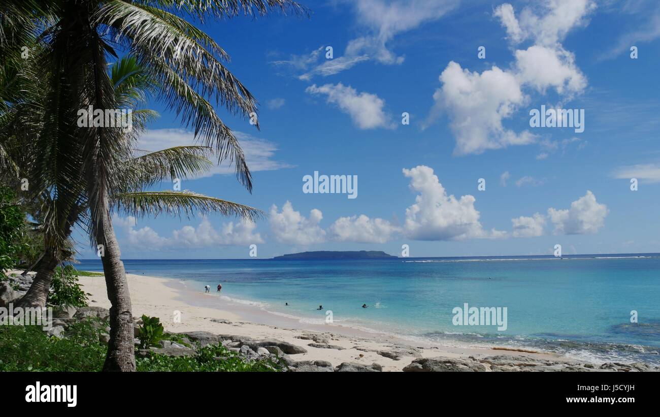 Scenic seascape of Tachogna Beach with the Goat Island in the distance Stock Photo