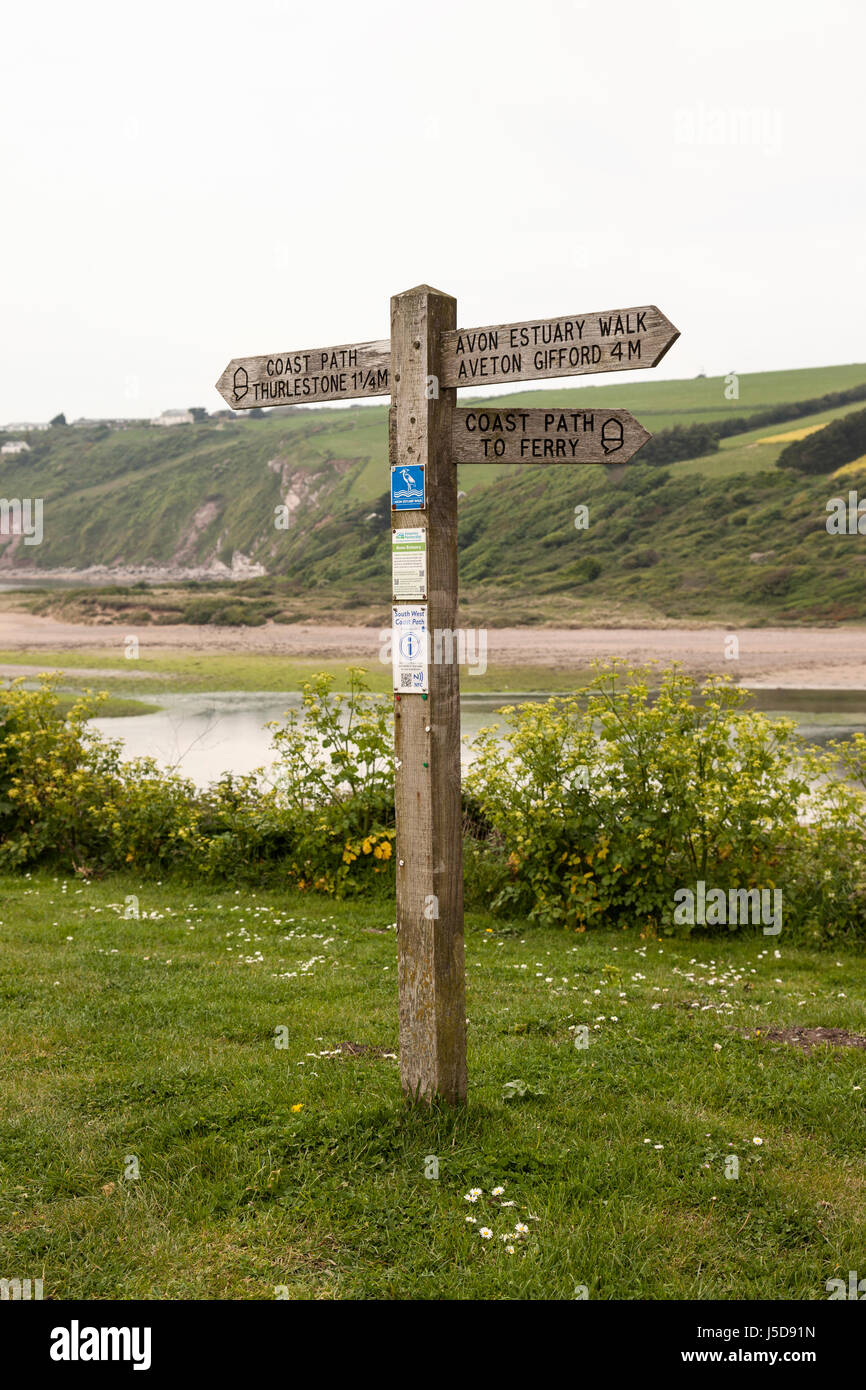 South West coast path signpost at Bantham, South Devon, England, UK ...
