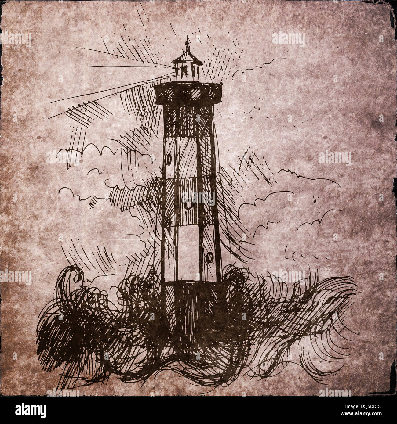 Lighthouse hand draw illustration. Old paper background with lighthouse ...