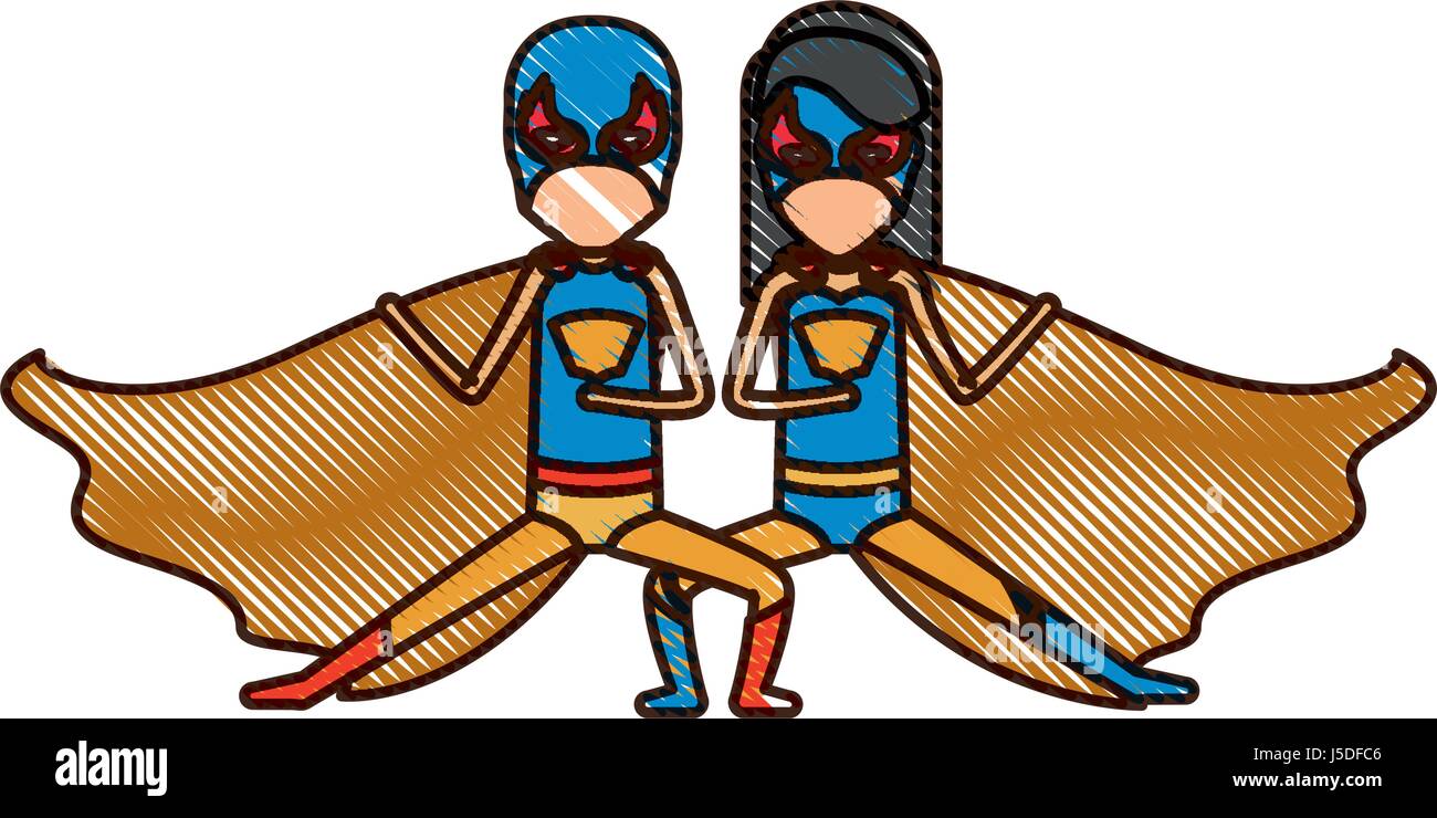 Colored Pencil Silhouette With Faceless Duo Of Superheroes In