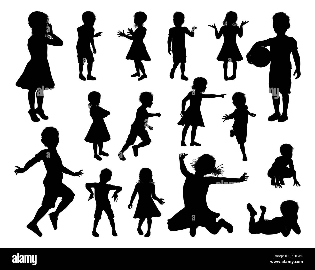 A set of high quality detailed silhouettes of kids or children in various poses Stock Photo