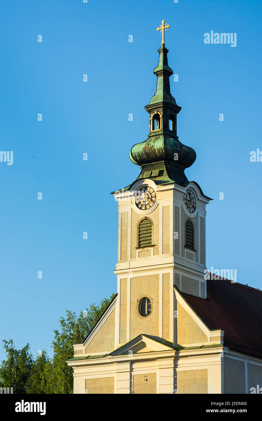 Urfahr Parish church in Linz upper Austria, view of bell tower, clock ...