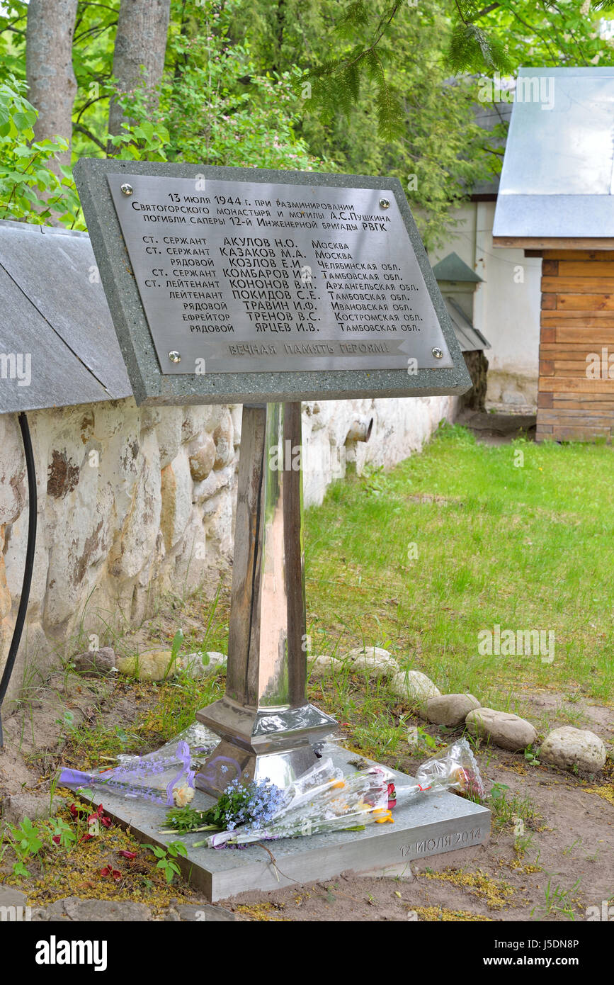PUSHKINSKIYE GORY, RUSSIA - MAY 18, 2016:  Memorial plaque to fallen sappers, Uspensky Svyatogorsky monastery the city Pushkinskiye Gory Stock Photo