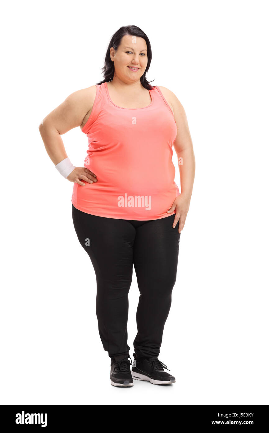 Full length portrait of an overweight woman dressed in sportswear isolated  on white background Stock Photo - Alamy