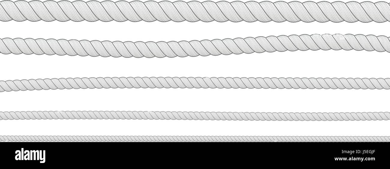 Different thickness horizontal white ropes isolated on white background. Stock Vector
