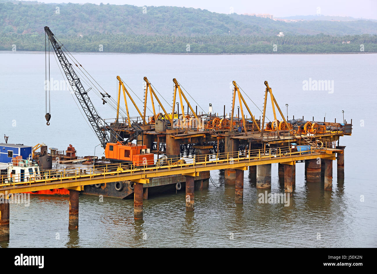 Piling work for new bridge across Zuari River in progress in Goa, India. Aerial view Stock Photo