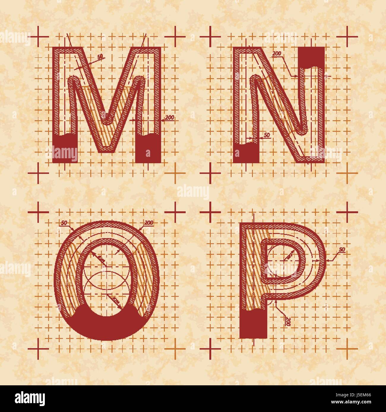 Medieval inventor sketches of M N O P letters. Retro style font on old yellow paper Stock Vector