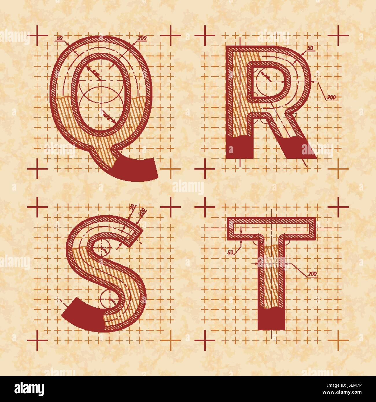 Medieval inventor sketches of Q R S T letters. Retro style font on old textured paper Stock Vector