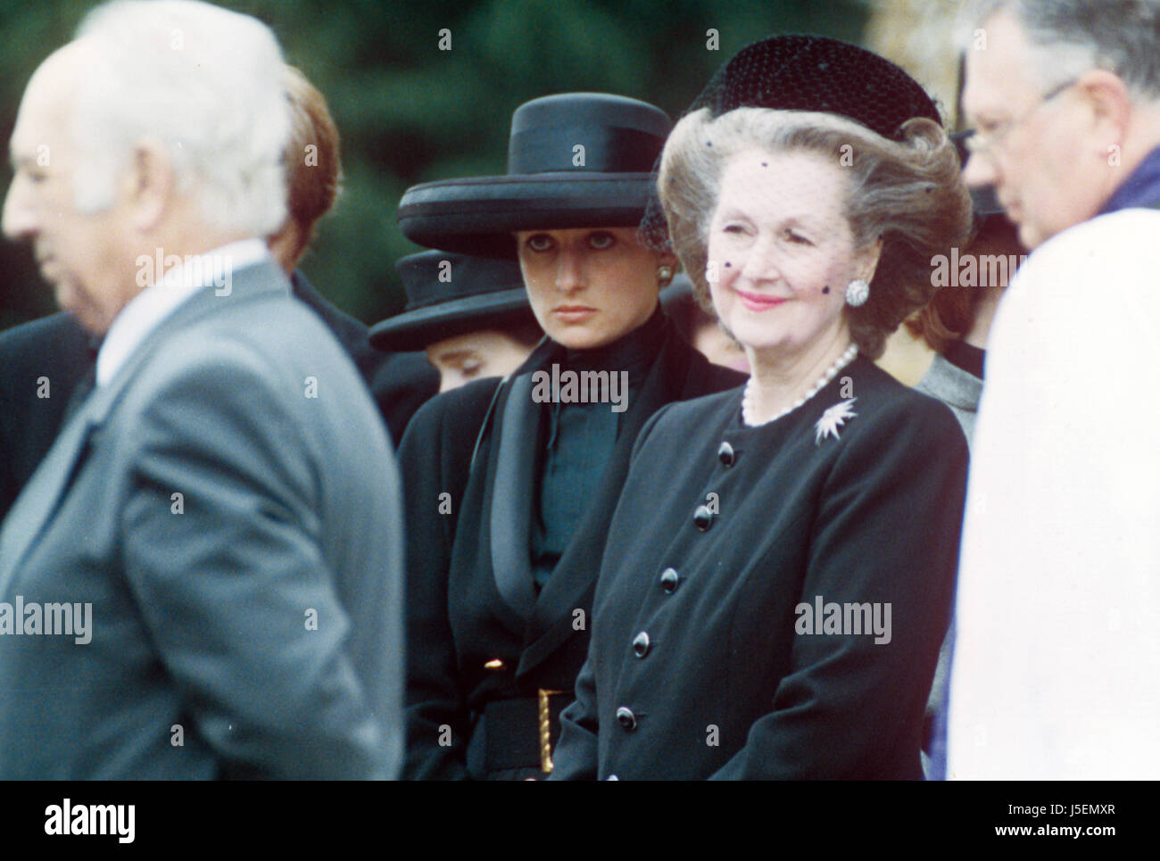 Raine Spencer alongside Princess Diana during the Earl Spencer's funeral in Great Brington, St. Mary the Virgin Church Stock Photo