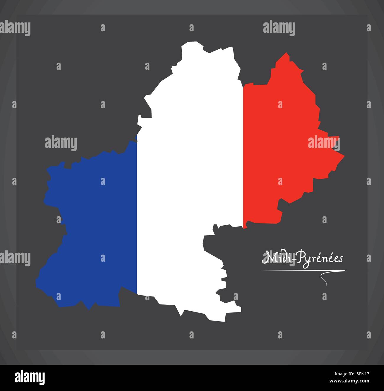 Midi-Pyrenees map with French national flag illustration Stock Vector