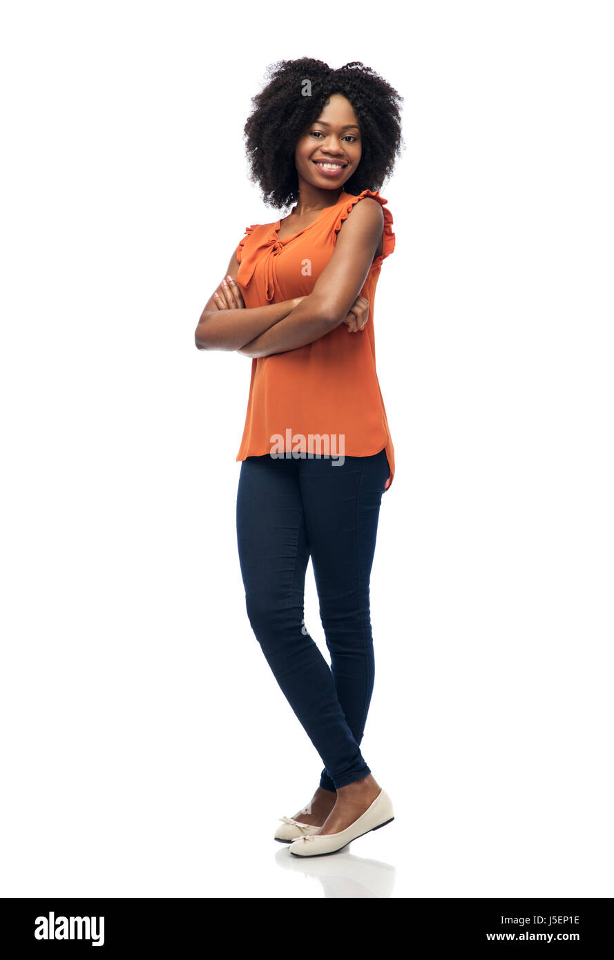happy african american young woman over white Stock Photo - Alamy