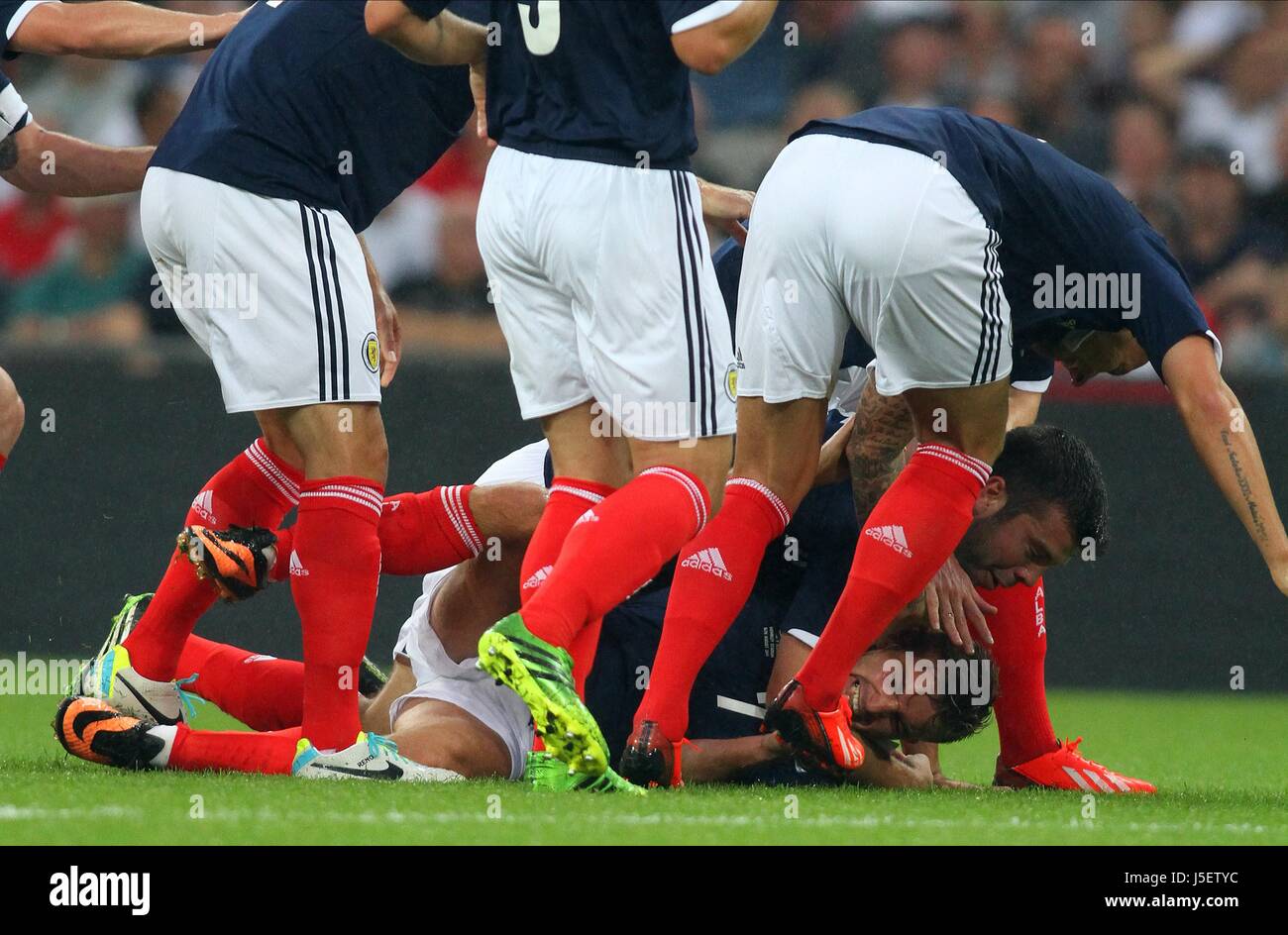 JAMES MORRISON CELEBRATES GOAL ENGALND V SCOTLAND ENGALND V SCOTLAND WEMBLEY STADIUM LONDON  UK 14 August 2013 Stock Photo