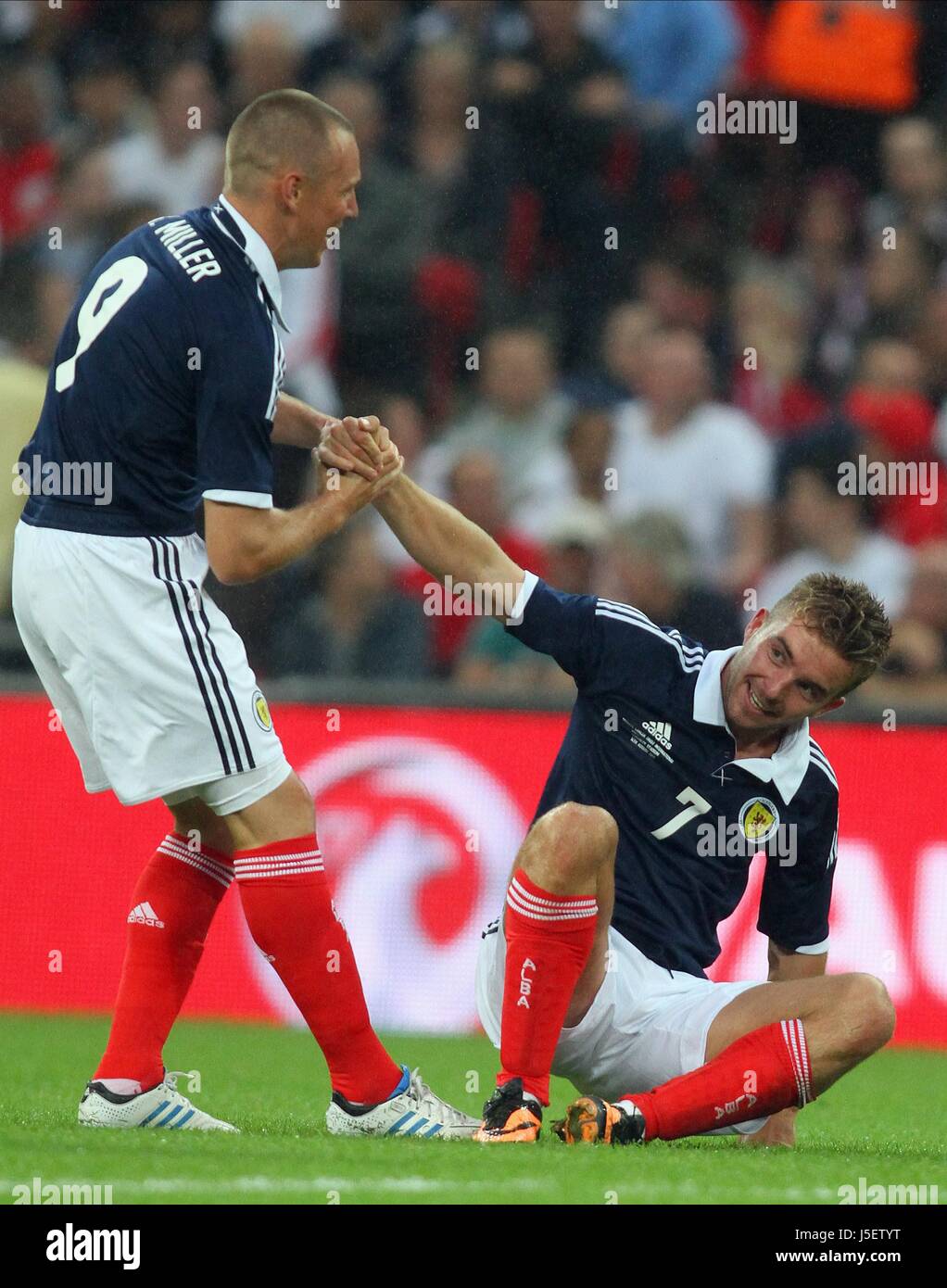 JAMES MORRISON CELEBRATES GOAL ENGALND V SCOTLAND WEMBLEY STADIUM LONDON  UK 14 August 2013 Stock Photo