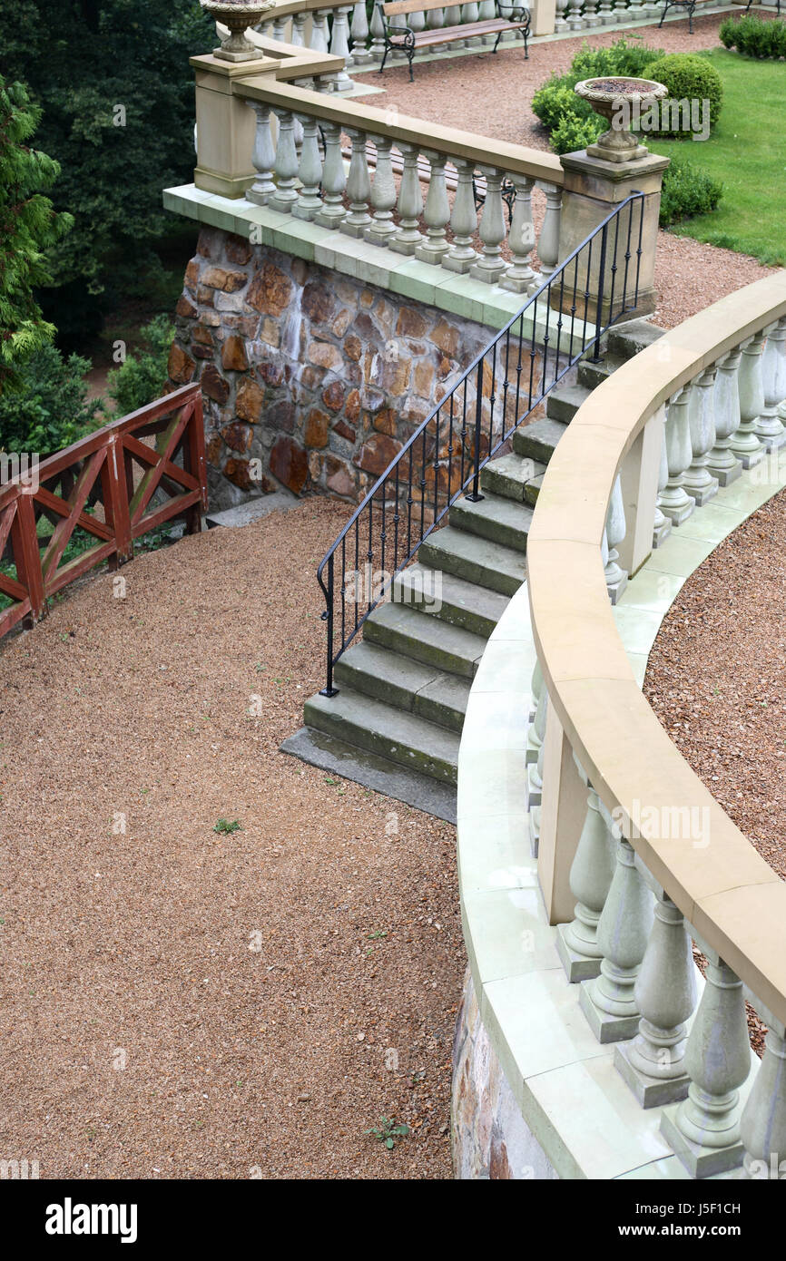 Small staircase in autumn park after rain Stock Photo