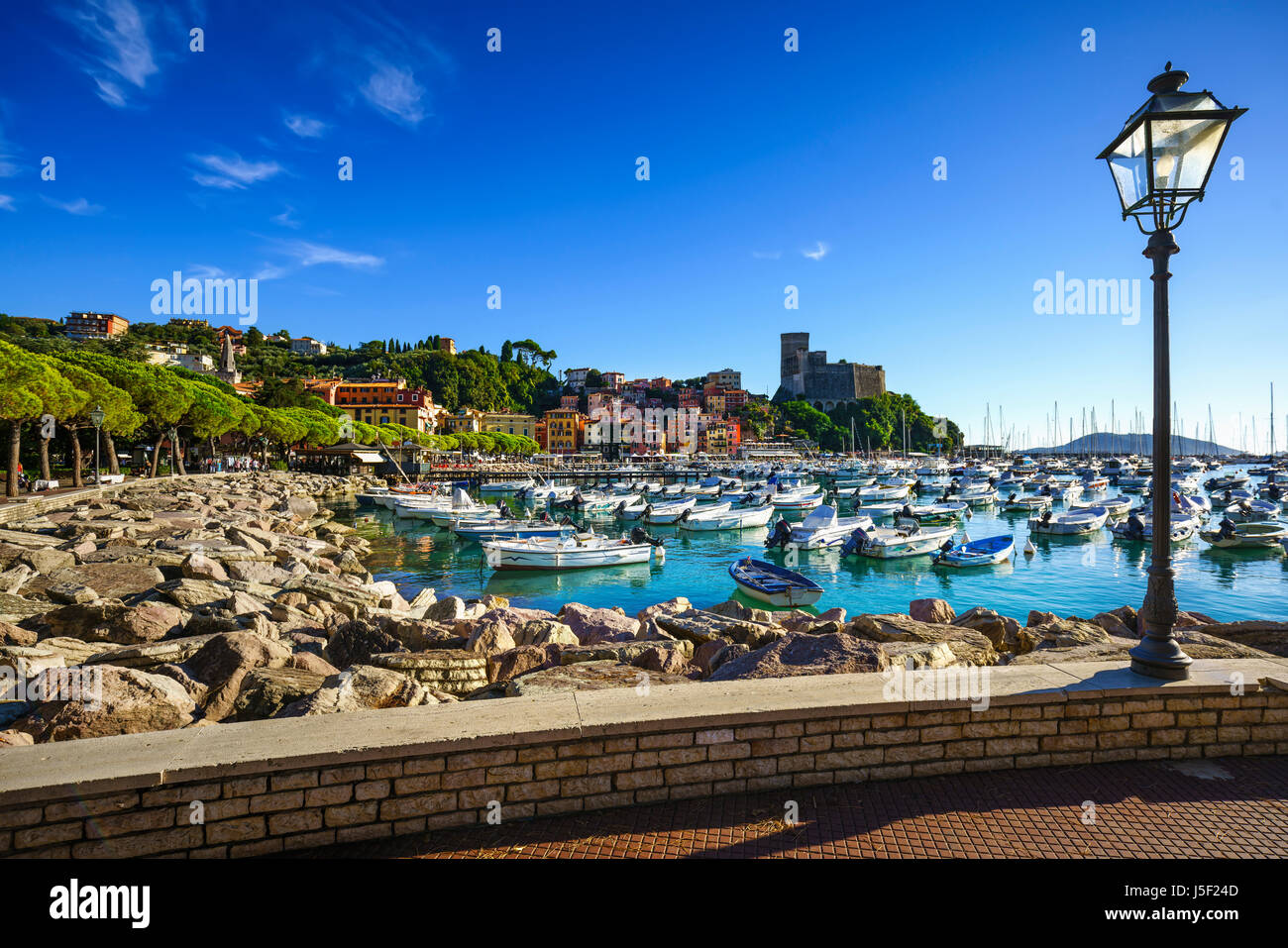 Lerici colorful village. Harbor, sea bay, boats, fortress and houses. Five lands, Cinque Terre, Ligury Italy Europe. Stock Photo