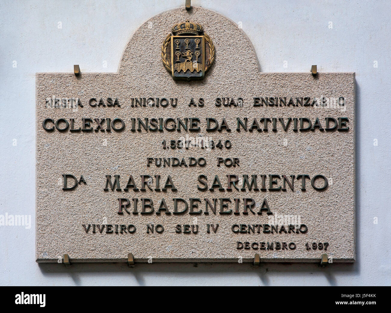 Insigne da Natividade college-stone plaque, Viveiro, Lugo province, Region of Galicia, Spain, Europe Stock Photo