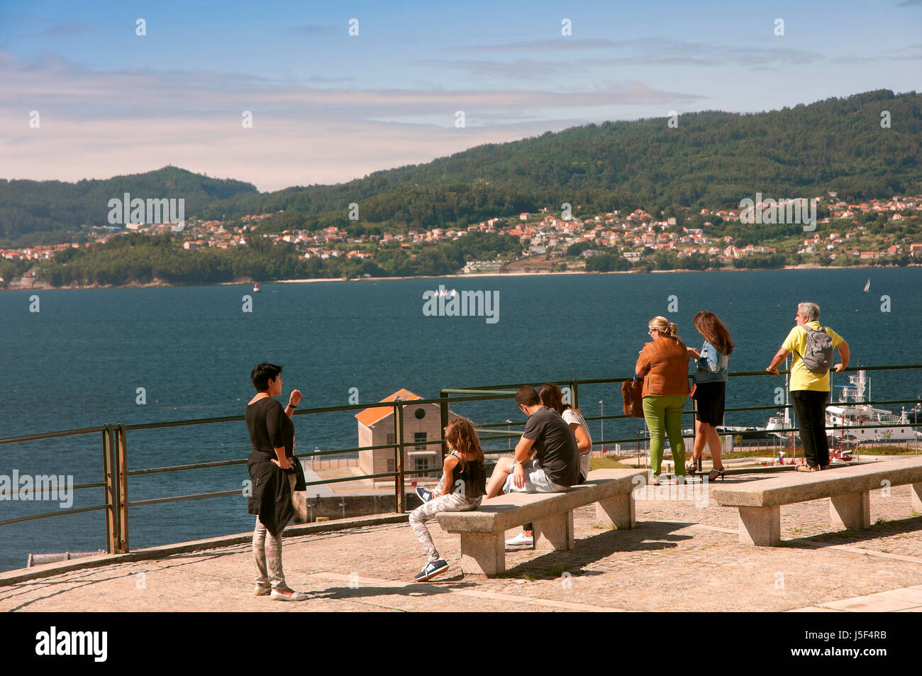 Tourists and estuary, Vigo, Pontevedra province, Region of Galicia, Spain, Europe Stock Photo