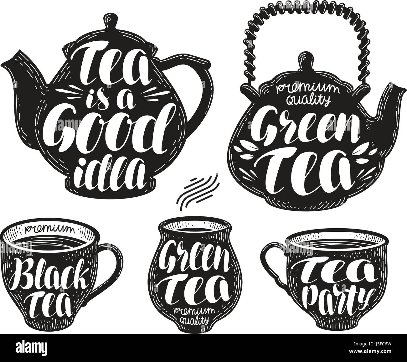 Tea label set. Teapot, cup, hot drink icon or symbol. Handwritten lettering, calligraphy vector illustration Stock Vector