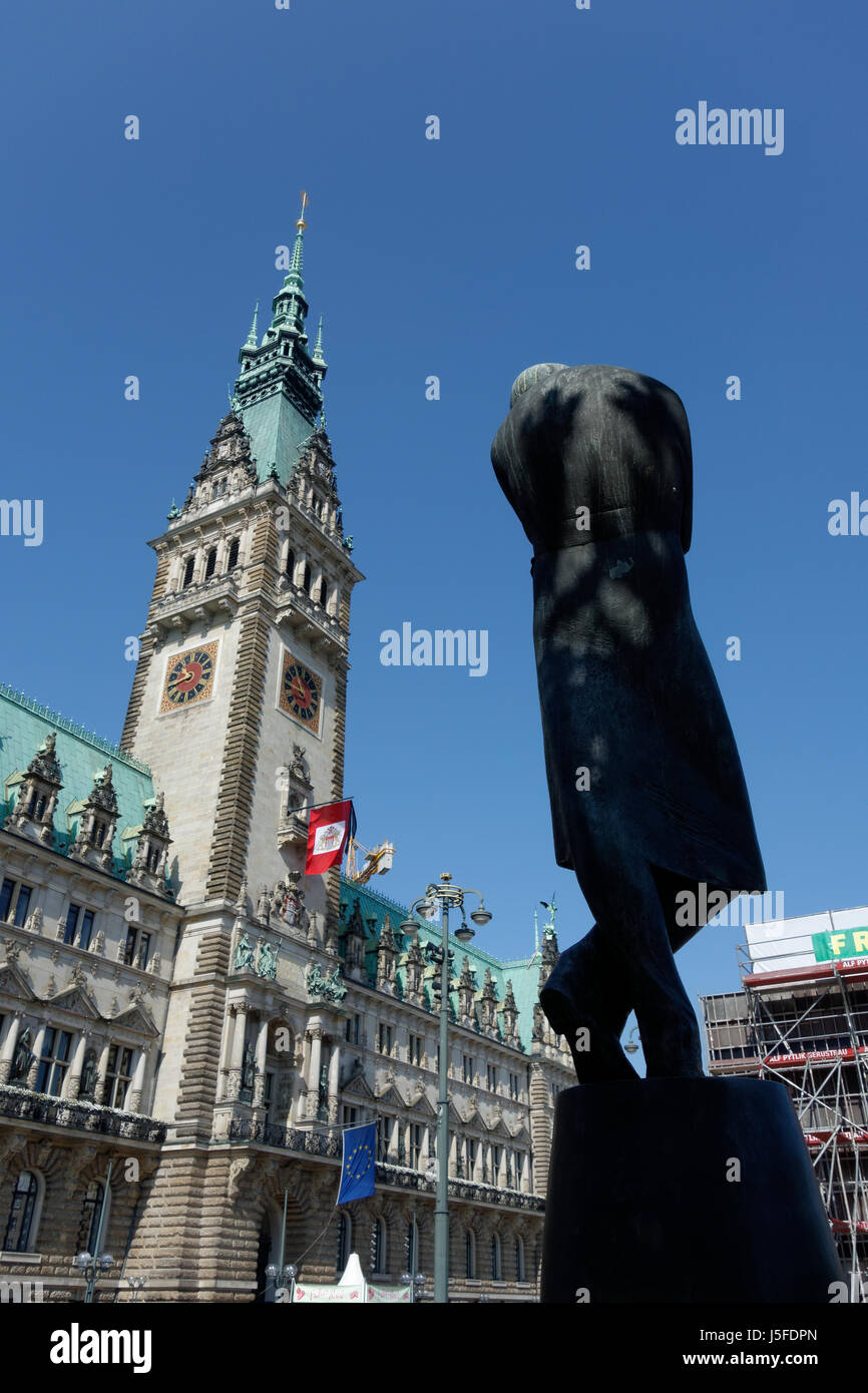 Hamburg Rathausmark with the statue of Heinrich Heine in front of the Rathaus. Stock Photo