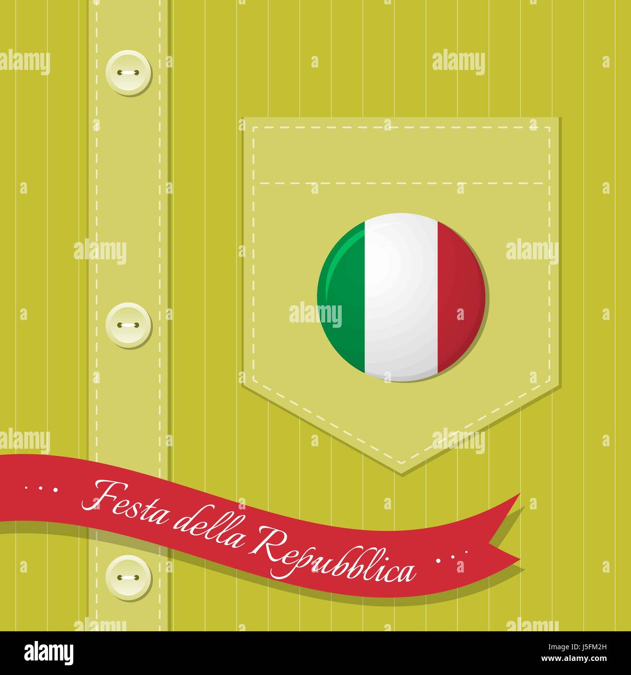 Striped shirt with a badge in the colors of the flag of Italy on the pocket. Italian National Day concept. Text in Italian: 'Republic Day'. Stock Vector