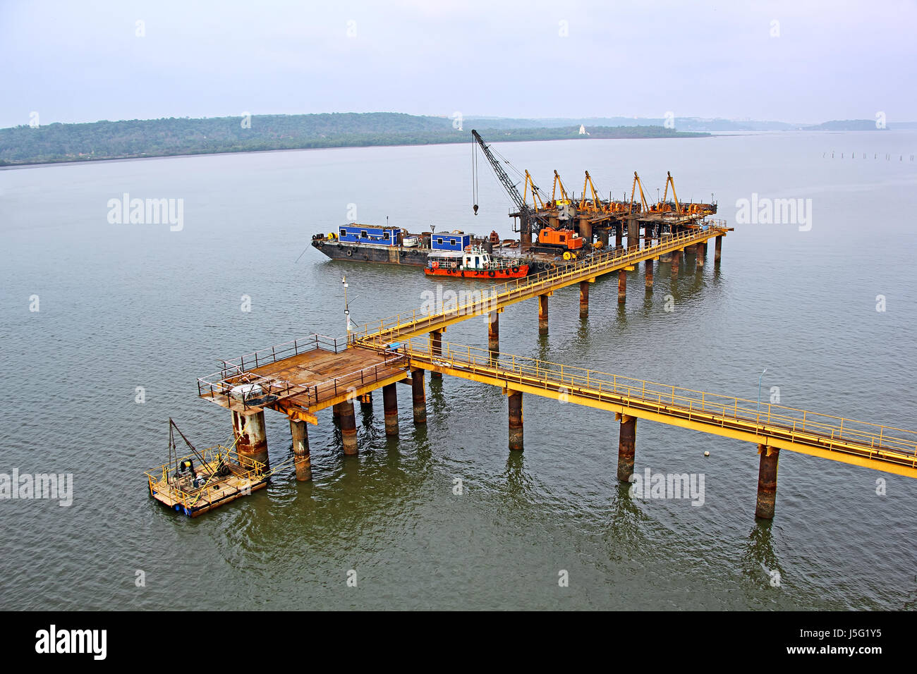 Aerial view of foundation work of marine project in progress in Zuari River in Goa, India Stock Photo