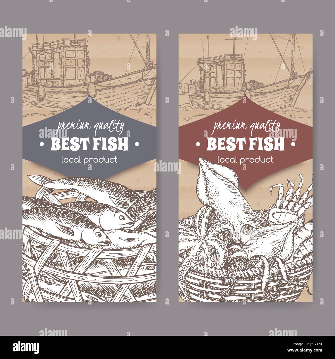 Two labels with old fishing boat, fish and seafood basket on cardboard. Stock Vector