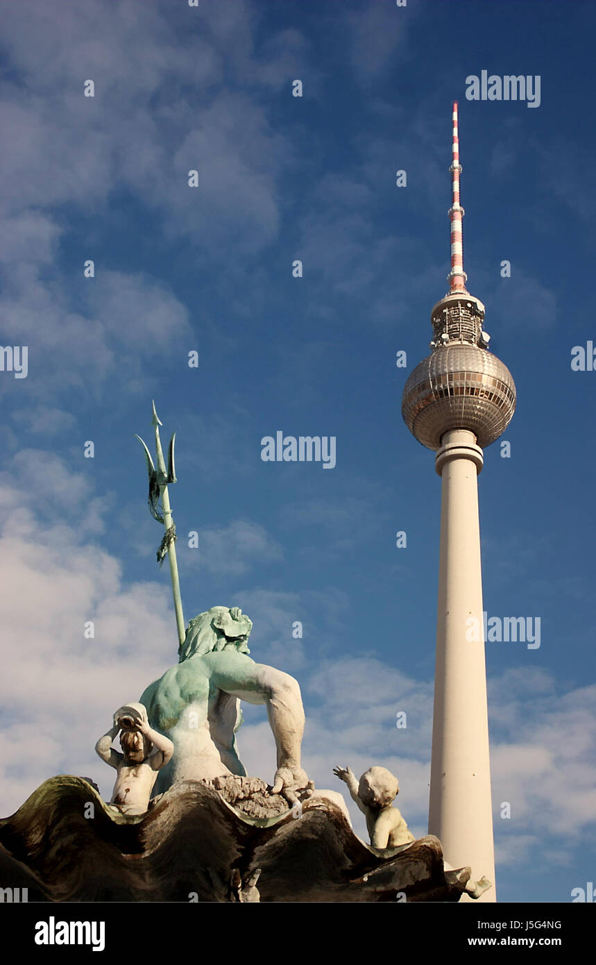 art statue sightseeing berlin television tower parkway fountain trident design Stock Photo
