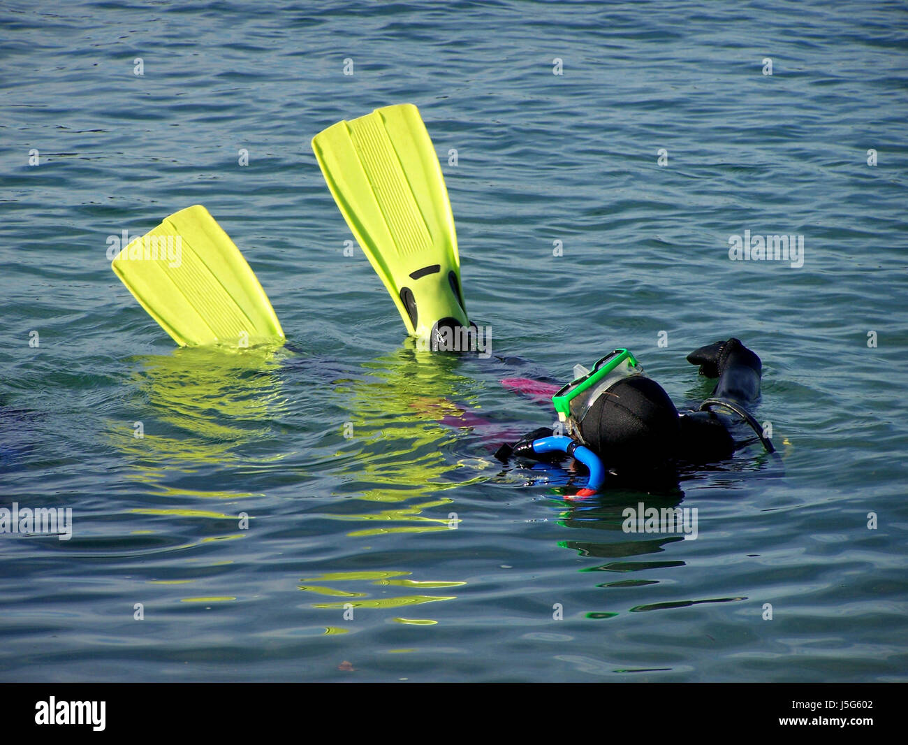 dive fins snorkel compressed air diver trockentaucher neoprenanzug Stock Photo