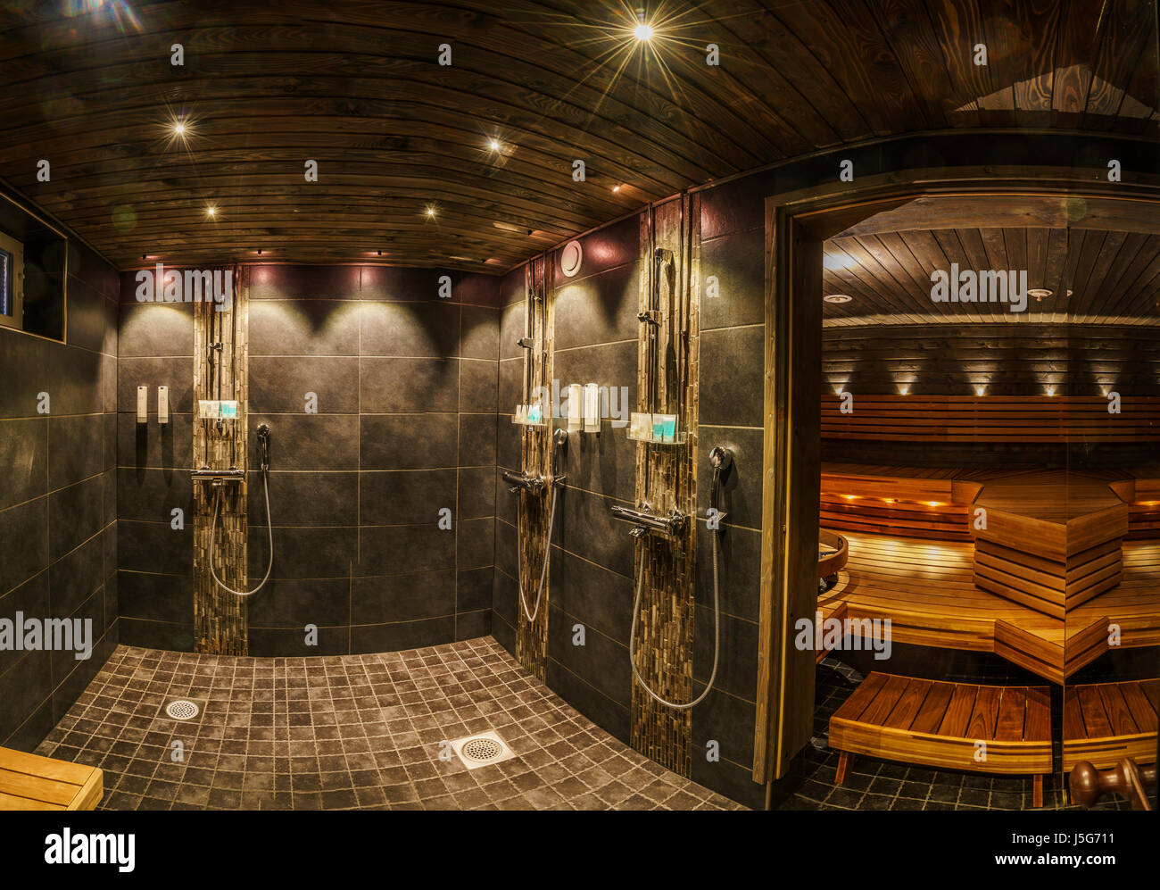 Shower and Sauna, Beana Laponia Hotel, Lapland, Finland Stock Photo