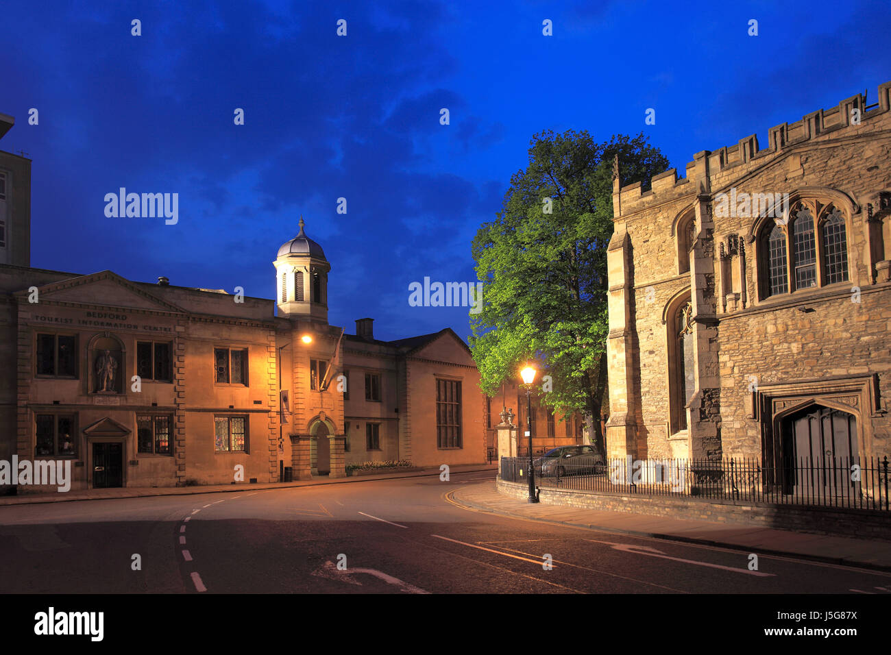 Tourist Information Centre and Town Hall at night, Bedford town, Bedfordshire County; England; UK Stock Photo