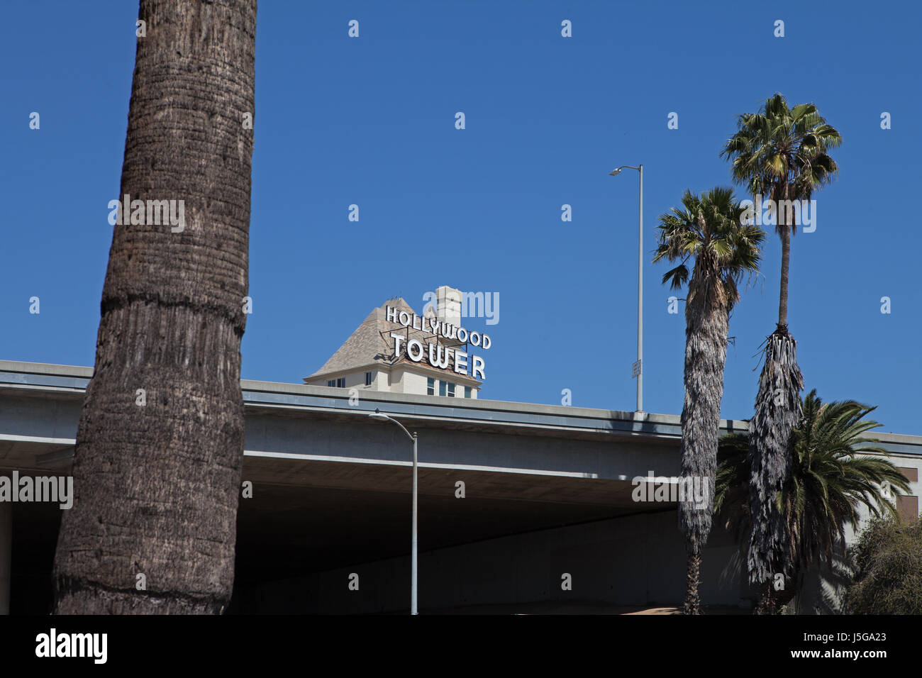 Hollywood Tower Apartments on Hollywood Freeway in Hollywood, CA Stock Photo