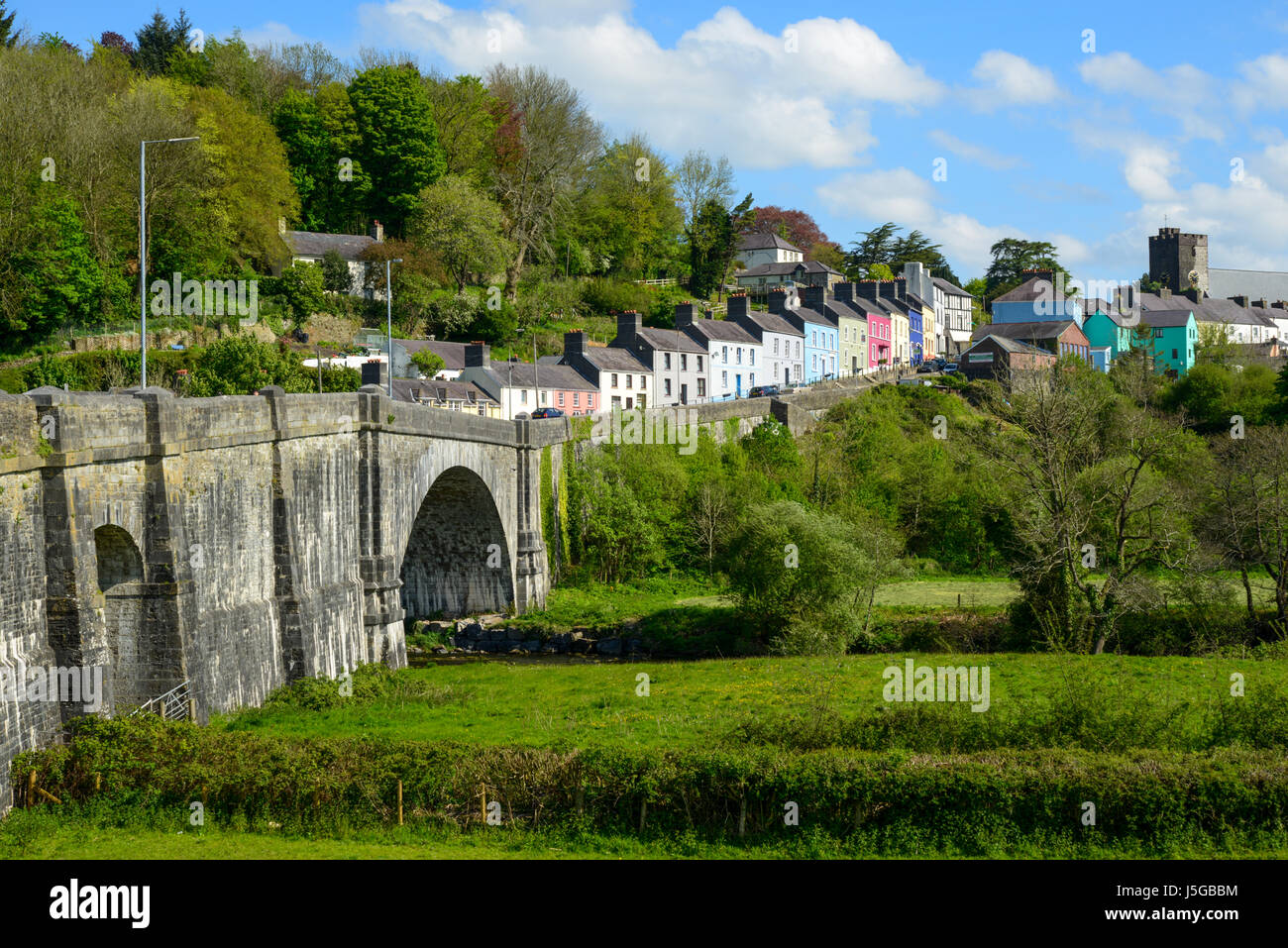 A bridge on the A483 crosses the River Towy on the approach to Llandeilo, Carmarthenshire, west Wales. Stock Photo